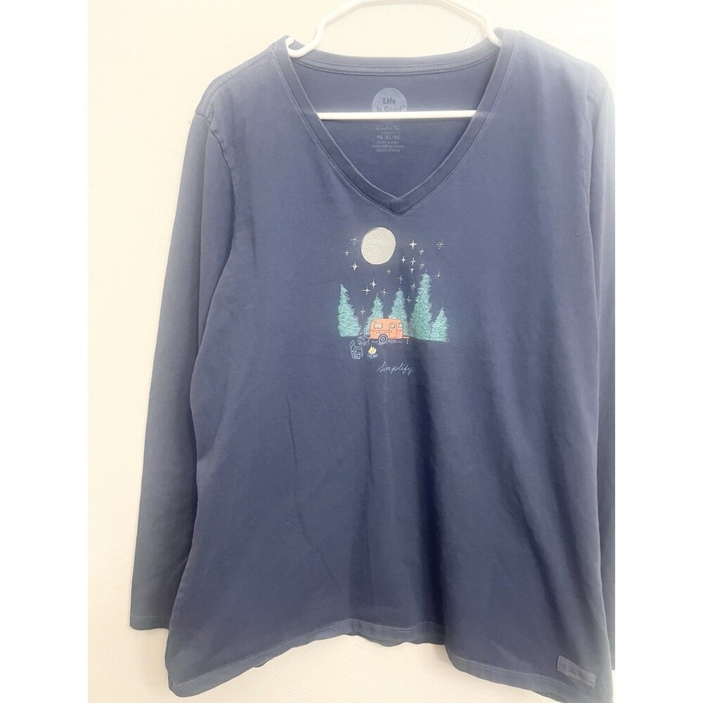 Life Is Good Wander Crusher Tee Women's XXL Long Sleeve Shirt Blue Camper Wander